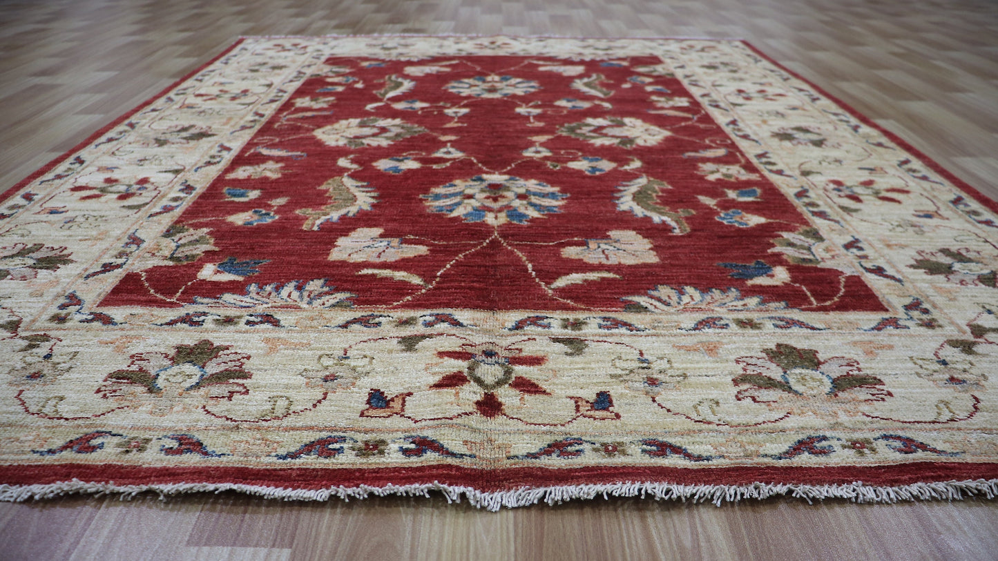 5x6 Ft Floral Area Rug, Red Afghan Hand Knotted Wool Traditional Rectangle Carpet, Living Room Rug, Bedroom Rug, Kitchen Rug, Entryway Rug