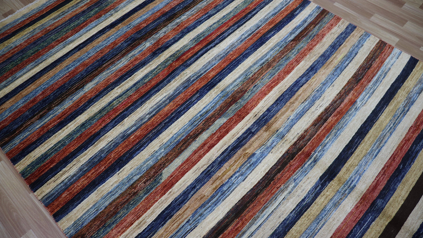 6x10 ft Striped Gabbeh Area Rug, Afghan Hand Knotted Wool Transitional Rectangle Carpet, Rugs For Living Room, Bedroom Rug, Dining Table Rug