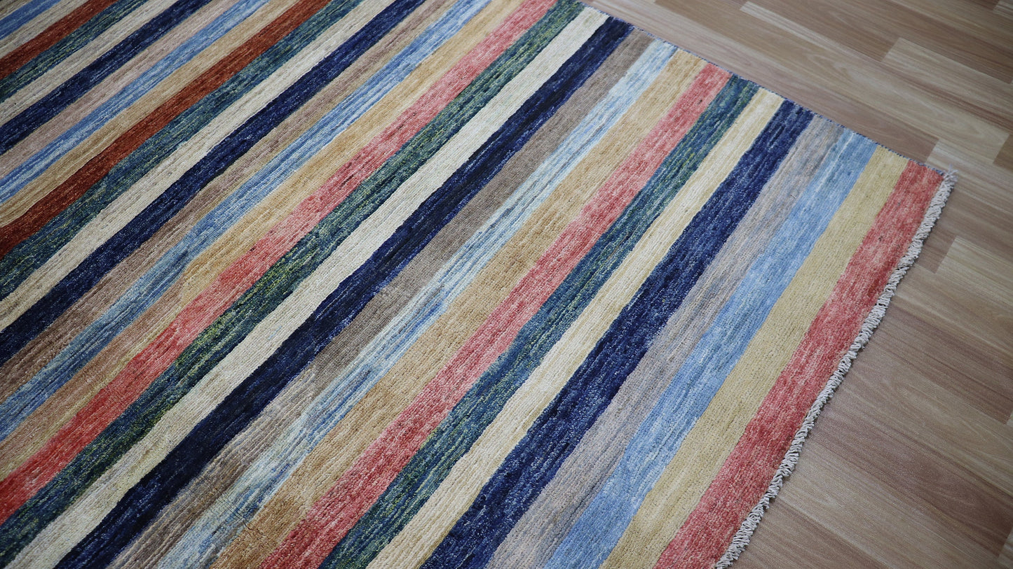 6x10 ft Striped Gabbeh Area Rug, Afghan Hand Knotted Wool Transitional Rectangle Carpet, Rugs For Living Room, Bedroom Rug, Dining Table Rug