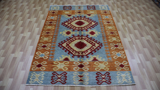 6x8 ft Oriental Area Rug, Blue Afghan Hand Knotted Wool Traditional Rectangle Carpet, Rugs For Living Room, Bedroom Rug, Dining Table Rug