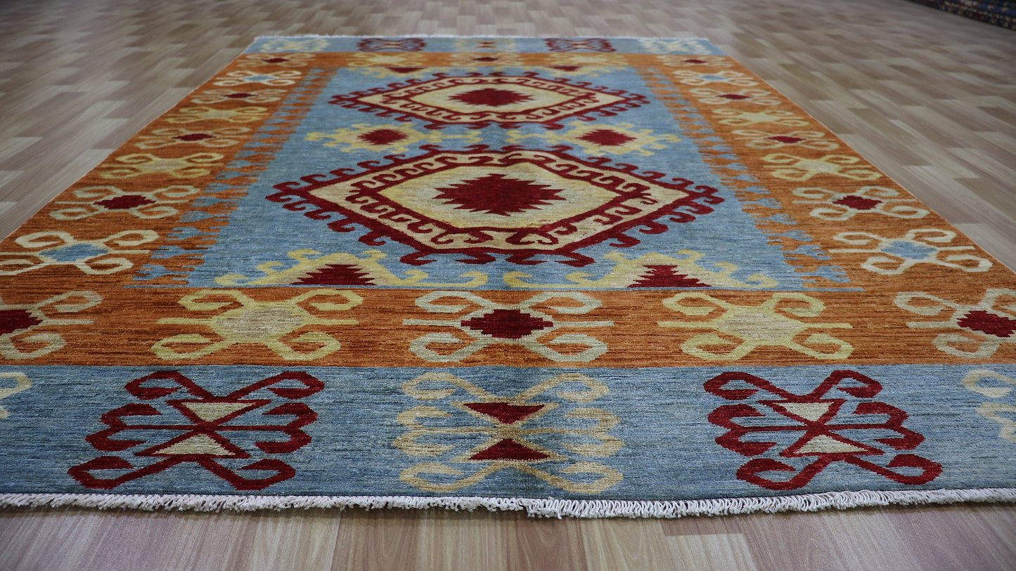 6x8 ft Oriental Area Rug, Blue Afghan Hand Knotted Wool Traditional Rectangle Carpet, Rugs For Living Room, Bedroom Rug, Dining Table Rug