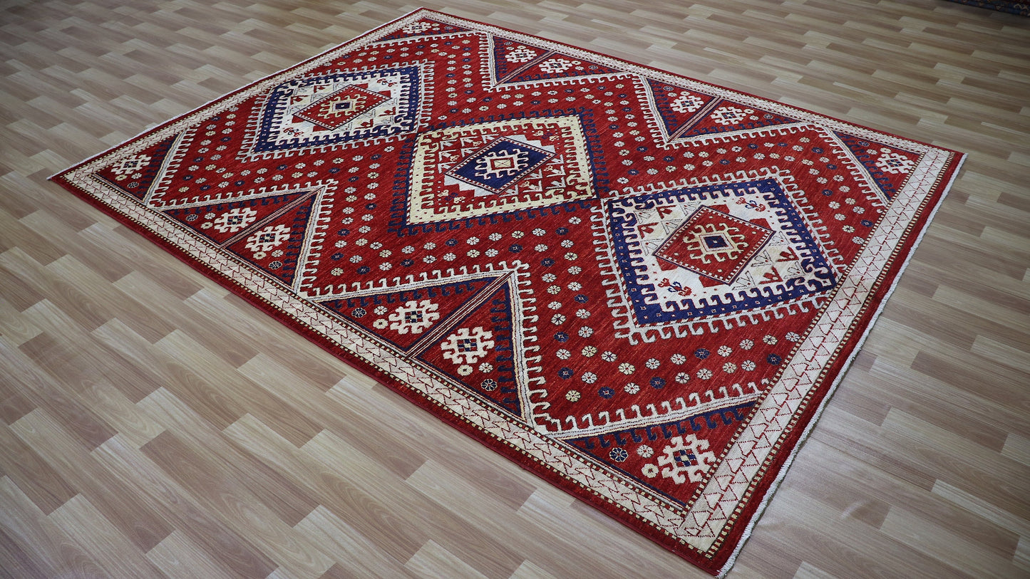 6x8 ft Red Oriental Area Rug, Afghan Hand Knotted Wool Traditional Rectangle Carpet, Rugs For Living Room, Bedroom Rug, Dining Table Rug