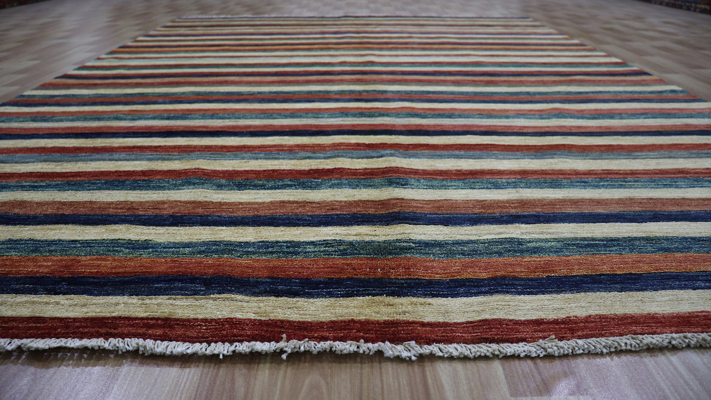 6x9 Ft Striped Plain Area Rug, Afghan Hand Knotted Wool Transitional Rectangle Carpet, Rugs For Living Room, Bedroom Rug, Dining Table Rug