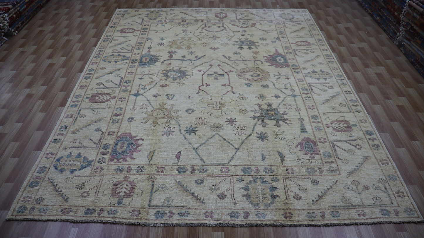 9x12 Ft Beige Plush Wool Large Area Rug, Afghan Hand Knotted Traditional Rectangle Carpet, Living Room Rug, Bedroom Rug, Dining Table Rug