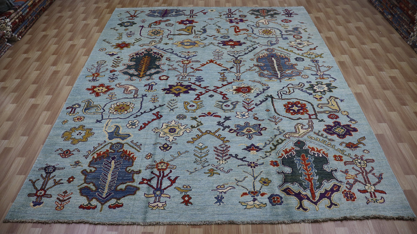 9x11 Ft Floral Oushak Large Area Rug, Blue Afghan Hand Knotted Plush Wool Traditional Rectangle Carpet, Rugs For Living Room, Bedroom Rug