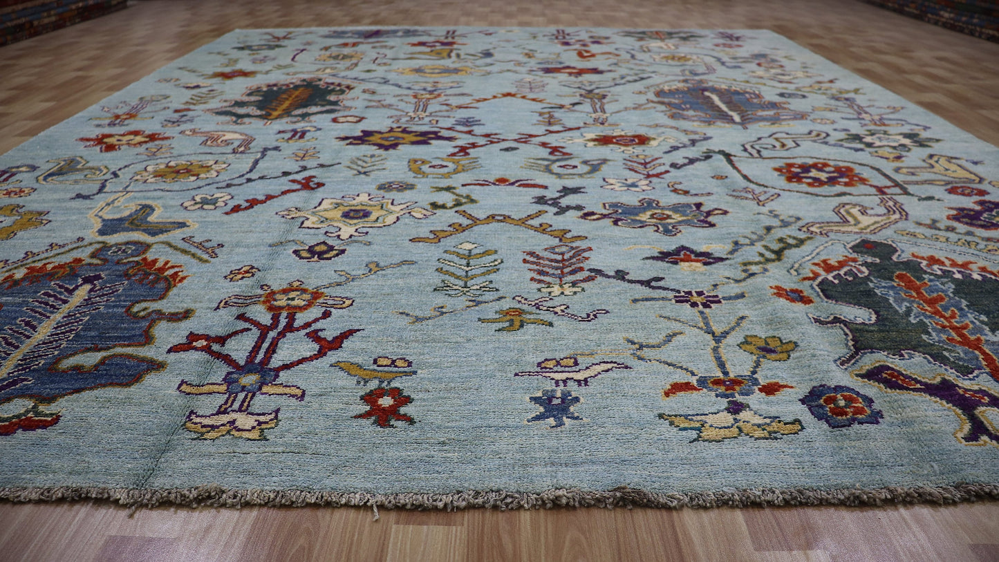 9x11 Ft Floral Oushak Large Area Rug, Blue Afghan Hand Knotted Plush Wool Traditional Rectangle Carpet, Rugs For Living Room, Bedroom Rug