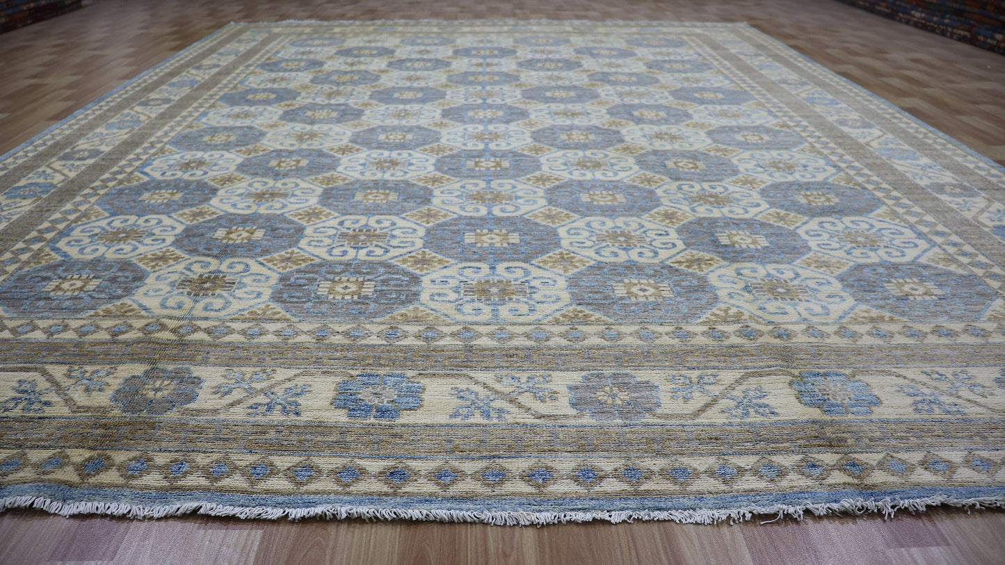 9x12 Ft Oriental Large Area Rug, Beige Afghan Hand Knotted Wool Traditional Rectangle Carpet, Living Room Rug, Bedroom Rug, Dining Table Rug