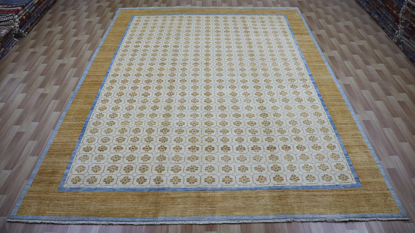 9x12 Ft Beige Oriental Large Area Rug, Afghan Hand Knotted Wool Traditional Rectangle Carpet, Living Room Rug, Bedroom Rug, Dining Table Rug