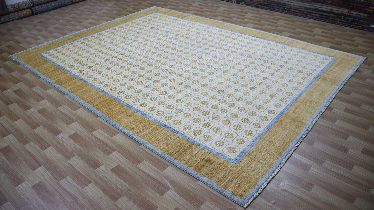 9x12 Ft Beige Oriental Large Area Rug, Afghan Hand Knotted Wool Traditional Rectangle Carpet, Living Room Rug, Bedroom Rug, Dining Table Rug