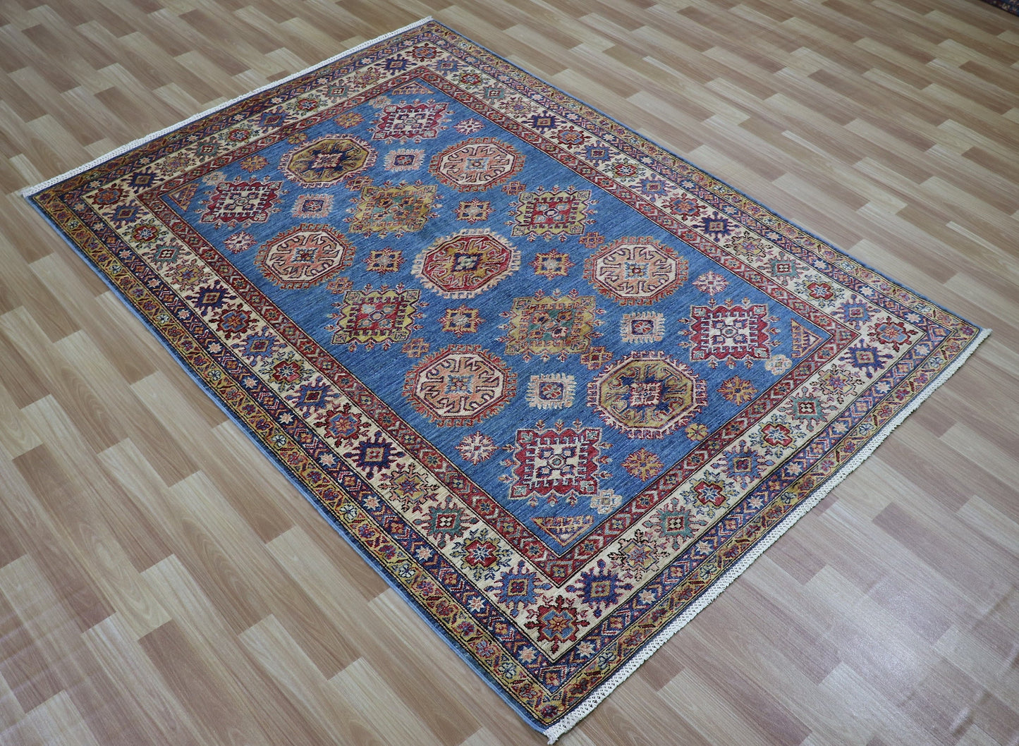 5x7 Ft Oriental Kazak Area Rug, Blue Afghan Hand Knotted Wool Traditional Rectangle Carpet, Rugs For Living Room, Bedroom Rug, Entryway Rug