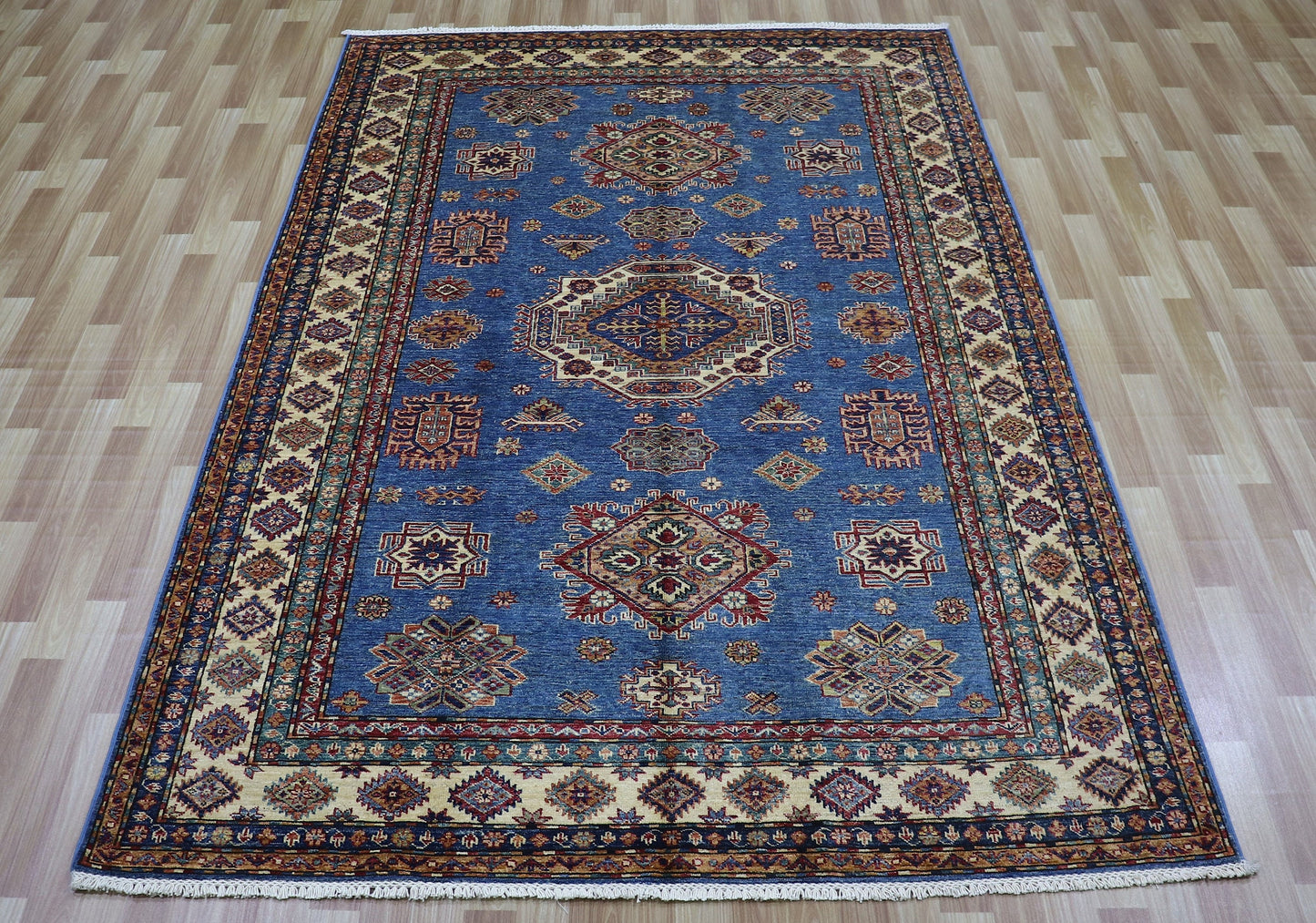 6x9 ft Oriental Kazak Area Rug, Blue Afghan Hand Knotted Wool Traditional Rectangle Carpet, Living Room Rug, Bedroom Rug, Dining Table Rug