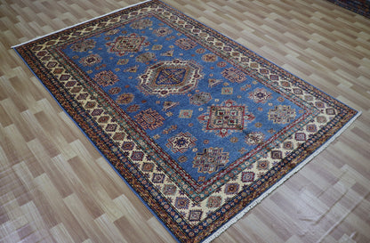 6x9 ft Oriental Kazak Area Rug, Blue Afghan Hand Knotted Wool Traditional Rectangle Carpet, Living Room Rug, Bedroom Rug, Dining Table Rug