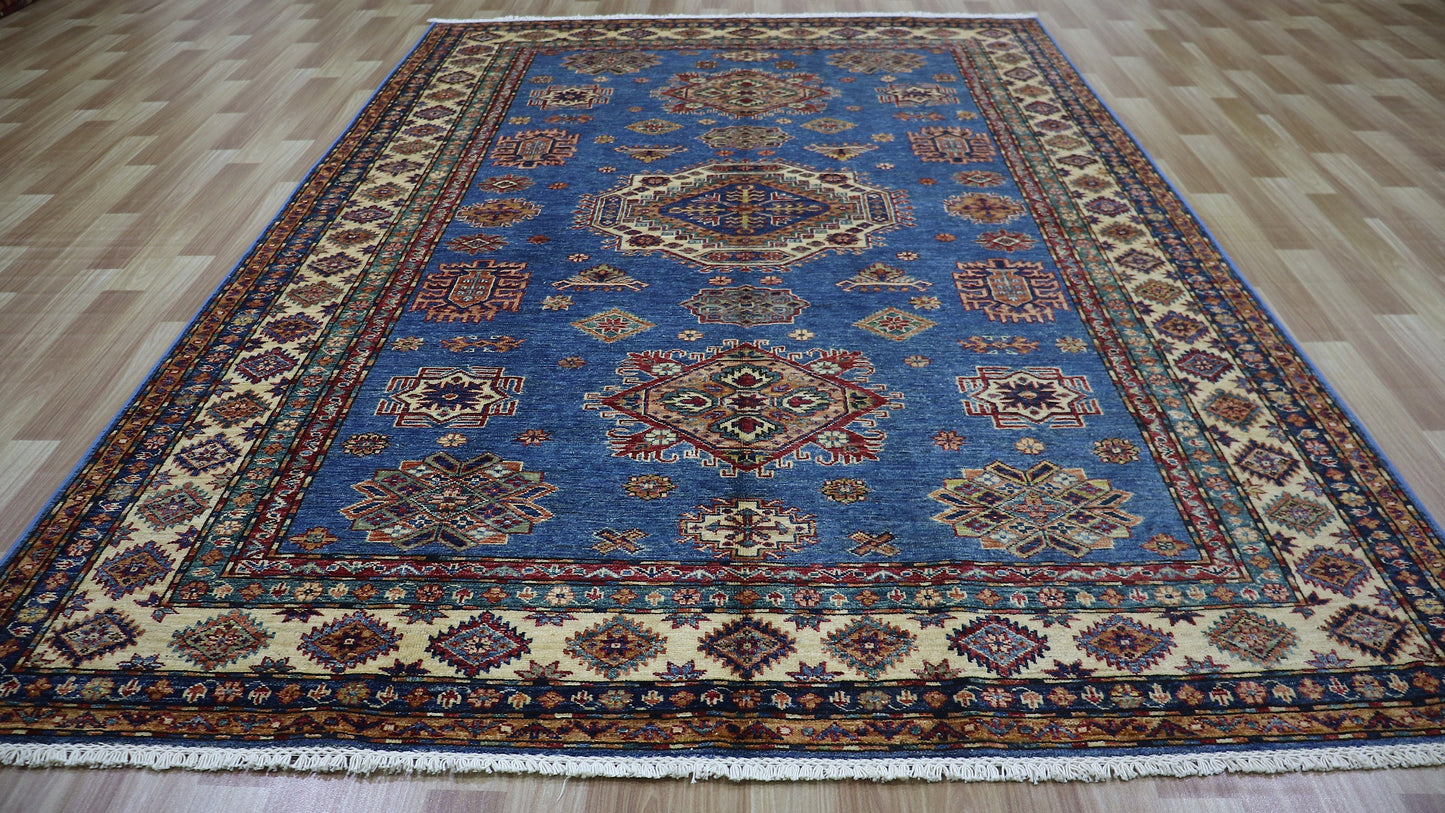 6x9 ft Oriental Kazak Area Rug, Blue Afghan Hand Knotted Wool Traditional Rectangle Carpet, Living Room Rug, Bedroom Rug, Dining Table Rug