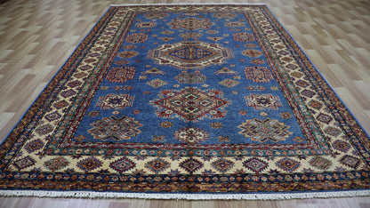 6x9 ft Oriental Kazak Area Rug, Blue Afghan Hand Knotted Wool Traditional Rectangle Carpet, Living Room Rug, Bedroom Rug, Dining Table Rug