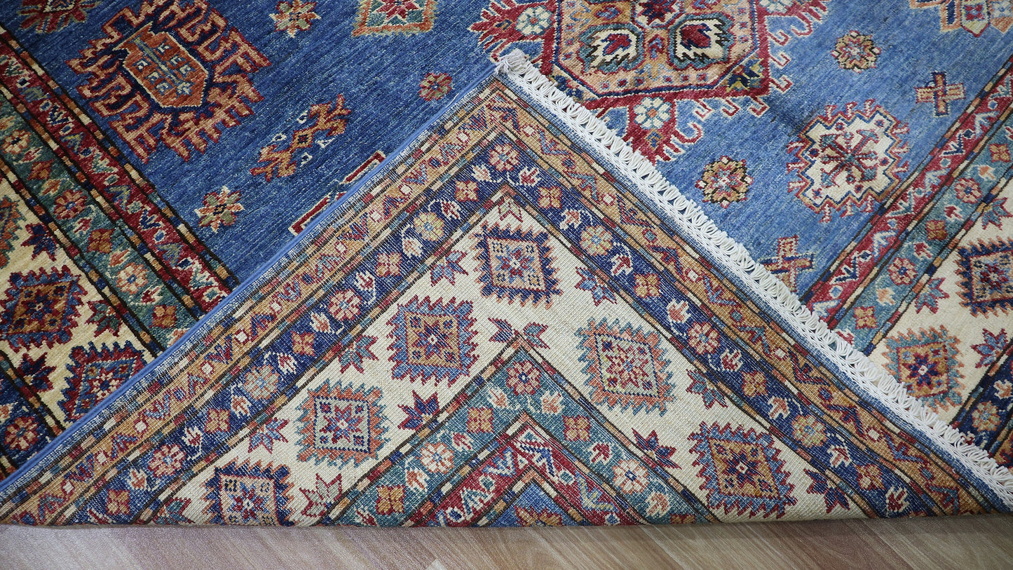 6x9 ft Oriental Kazak Area Rug, Blue Afghan Hand Knotted Wool Traditional Rectangle Carpet, Living Room Rug, Bedroom Rug, Dining Table Rug