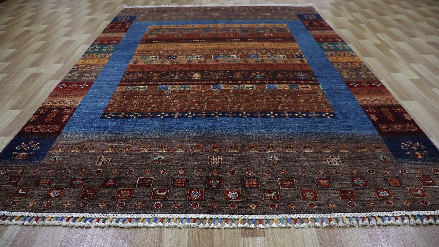 6x9 Ft Gabbeh Tribal Area Rug, Brown Afghan Hand Knotted Wool Traditional Rectangle Carpet, Living Room Rug, Bedroom Rug, Dining Table Rug