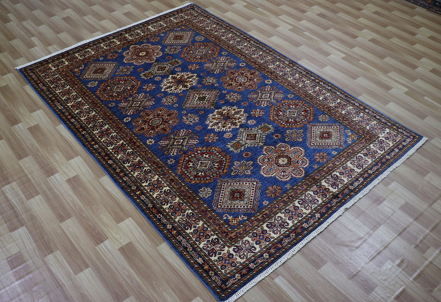 6x8 ft Blue Oriental Kazak Area Rug, Afghan Hand Knotted Wool Traditional Rectangle Carpet, Living Room Rug, Bedroom Rug, Dining Table Rug