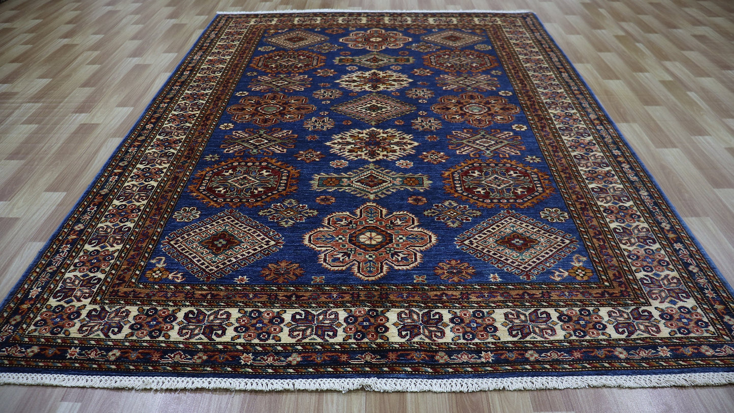 6x8 ft Blue Oriental Kazak Area Rug, Afghan Hand Knotted Wool Traditional Rectangle Carpet, Living Room Rug, Bedroom Rug, Dining Table Rug