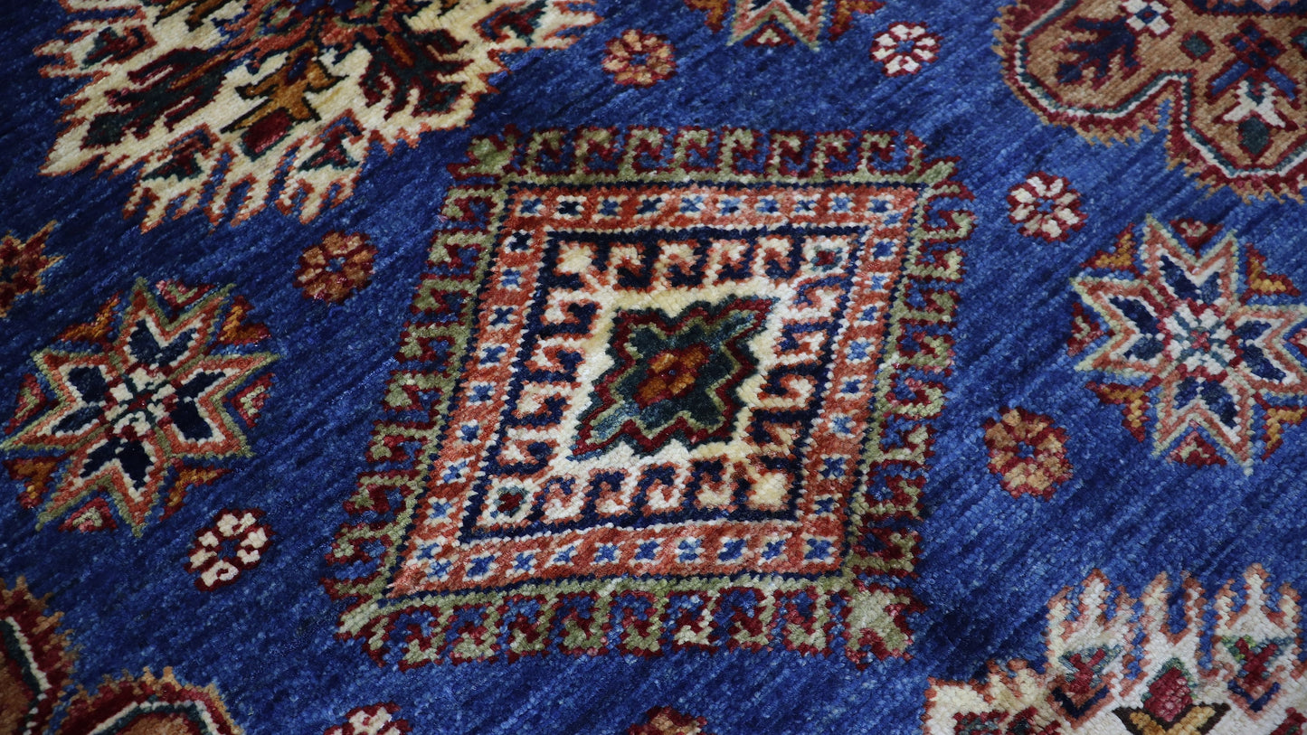 6x8 ft Blue Oriental Kazak Area Rug, Afghan Hand Knotted Wool Traditional Rectangle Carpet, Living Room Rug, Bedroom Rug, Dining Table Rug