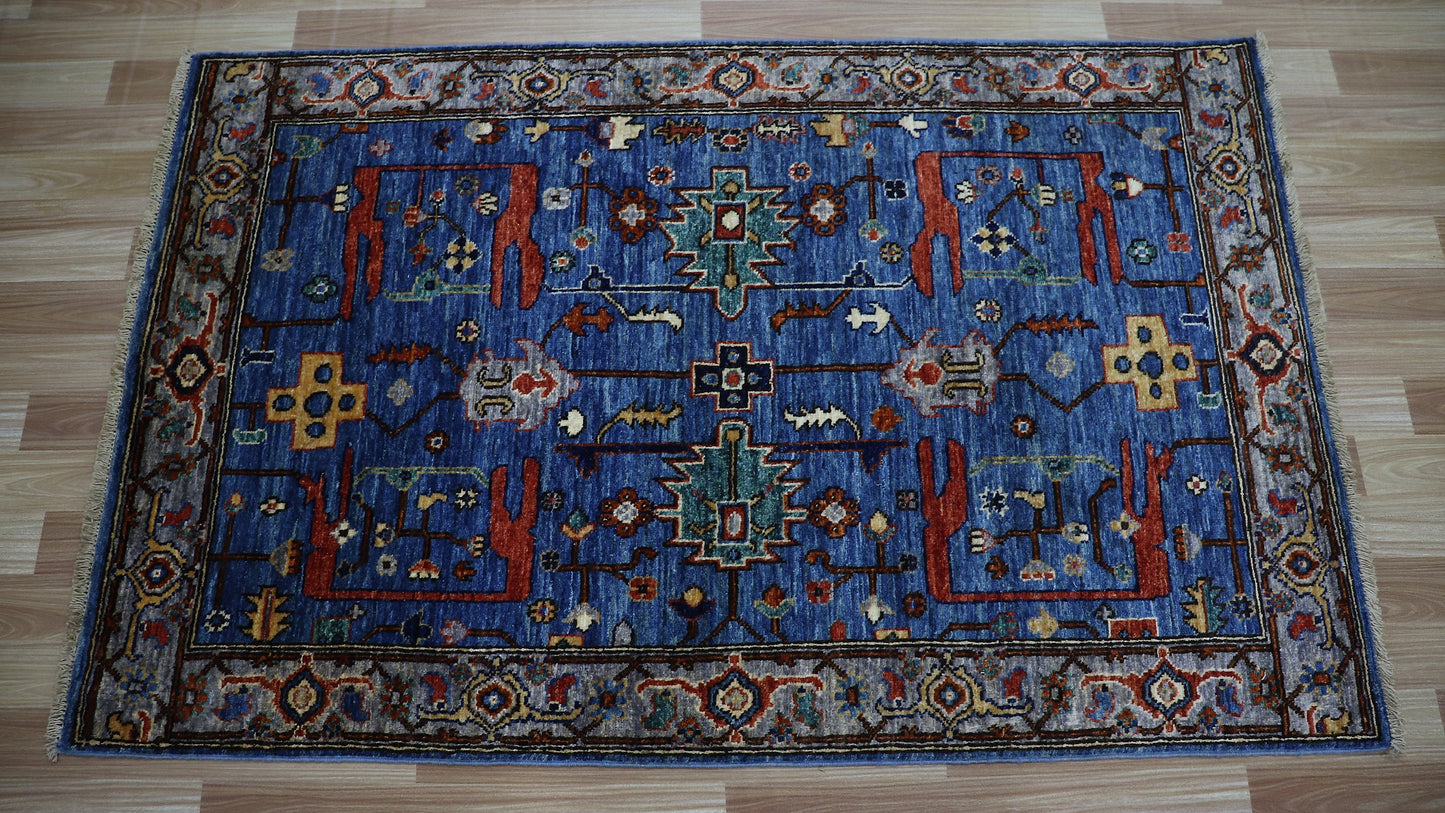 3x5 ft Tribal Small Area Rug, Blue Afghan Hand Knotted Wool Traditional Carpet, Rugs For Living Room, Bedroom Rug, Entryway Rug, Kitchen Rug