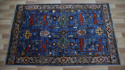 3x5 ft Tribal Small Area Rug, Blue Afghan Hand Knotted Wool Traditional Carpet, Rugs For Living Room, Bedroom Rug, Entryway Rug, Kitchen Rug