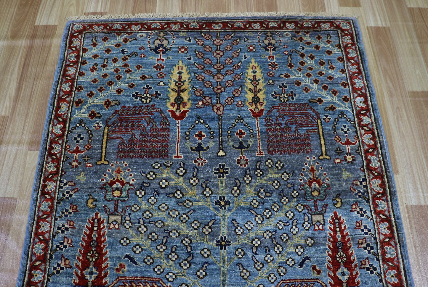 12 ft Tree Tribal Long Runner Rug, Blue Afghan Hand Knotted Wool Traditional Carpet, Rugs For Hallway, Entryway Rug, Foyer Rug, Kitchen Rug