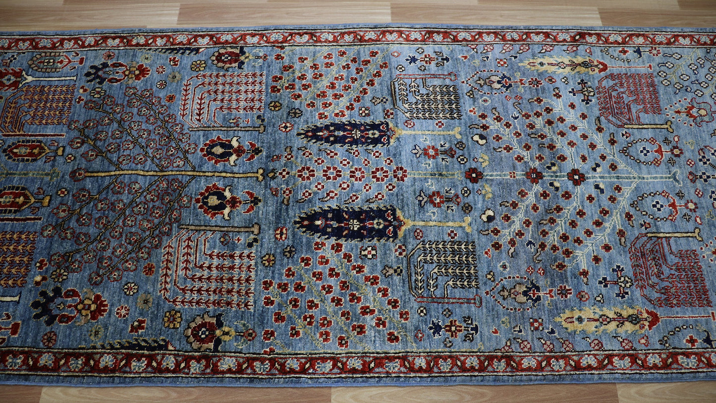 12 ft Tree Tribal Long Runner Rug, Blue Afghan Hand Knotted Wool Traditional Carpet, Rugs For Hallway, Entryway Rug, Foyer Rug, Kitchen Rug