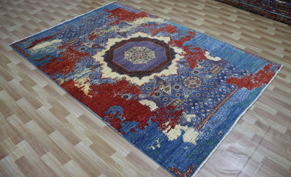 6x9 Ft Modern Erased Mamluk Area Rug, Blue Red Turkish Hand Knotted Fine Quality Wool Transitional Carpet, Rugs For Living Room, Bedroom Rug