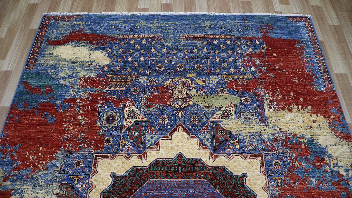 6x9 Ft Modern Erased Mamluk Area Rug, Blue Red Turkish Hand Knotted Fine Quality Wool Transitional Carpet, Rugs For Living Room, Bedroom Rug