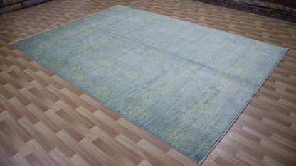 9x11 Ft Blue Transitional Large Area Rug, Afghan Hand Knotted Wool Abstract Rectangle Carpet, Living Room Rug, Bedroom Rug, Dining Table Rug