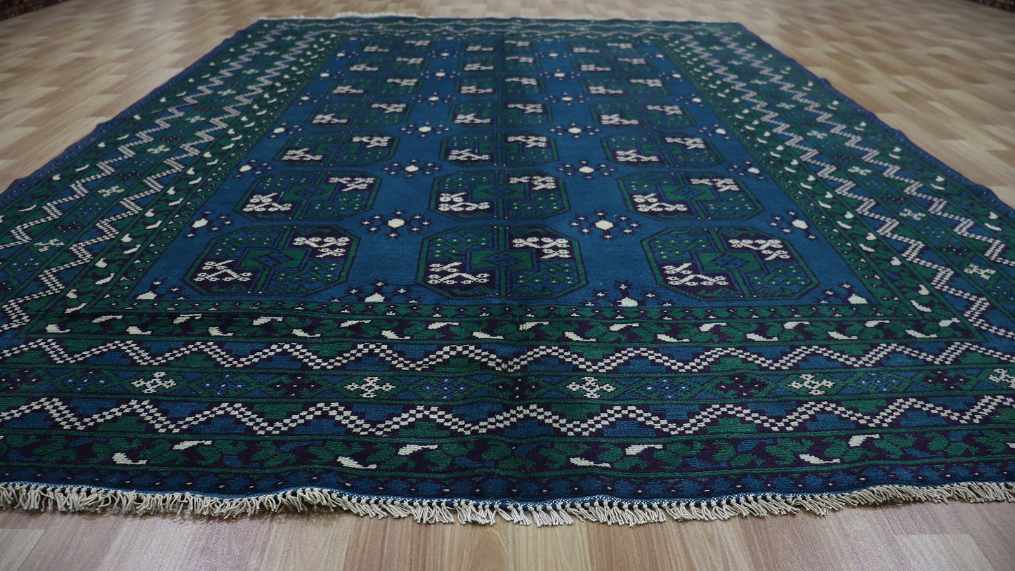 7x10 Ft Oriental Bokhara Area Rug, Blue Green Afghan Hand Knotted Plush Wool Traditional Rectangle Carpet, Rugs For Living Room, Bedroom Rug