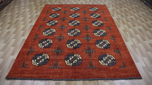 7x10 Ft Red Oriental Bokhara Area Rug, Afghan Hand Knotted Plush Wool Rectangle Carpet, Rugs For Living Room, Bedroom Rug, Dining Table Rug