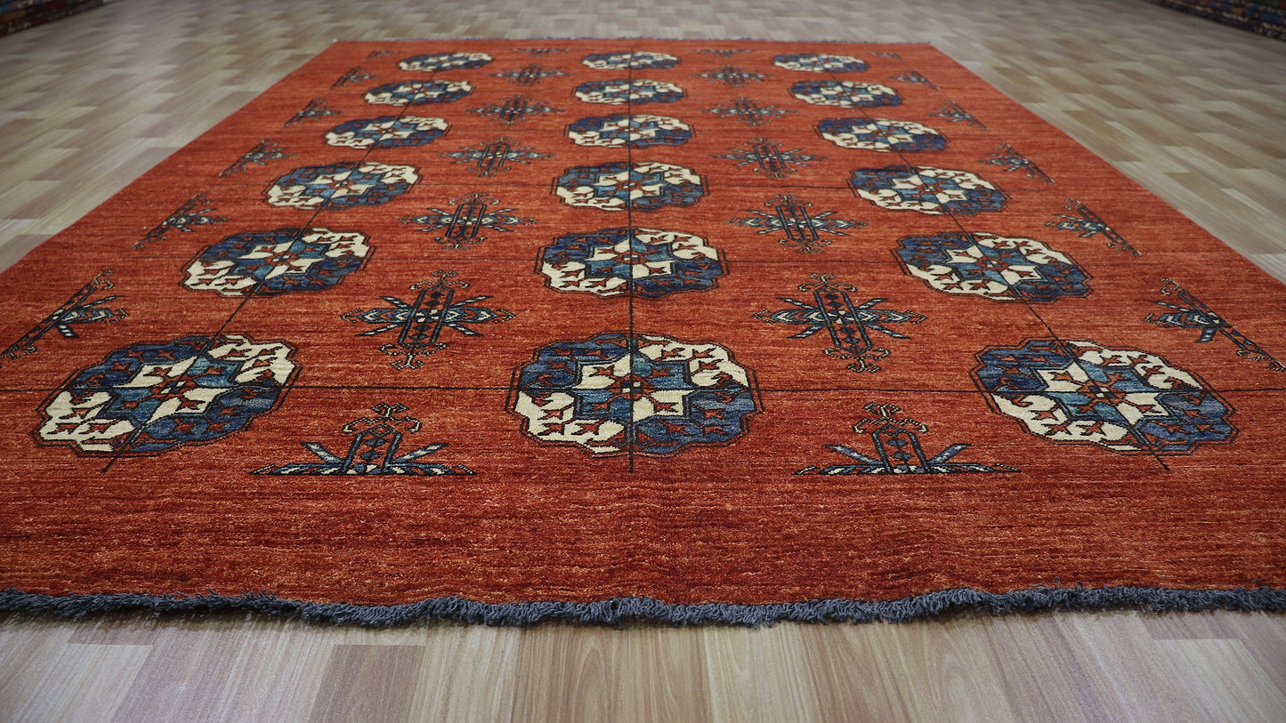 7x10 Ft Red Oriental Bokhara Area Rug, Afghan Hand Knotted Plush Wool Rectangle Carpet, Rugs For Living Room, Bedroom Rug, Dining Table Rug