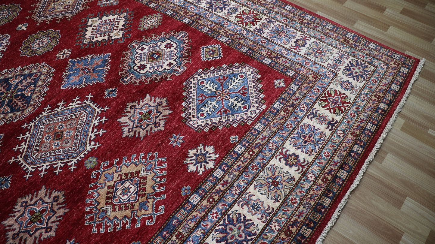 10x14 Ft Kazak Oriental Large Area Rug, Red Afghan Hand Knotted Wool Rectangle Carpet, Rugs For Living Room, Bedroom Rug, Dining Table Rug