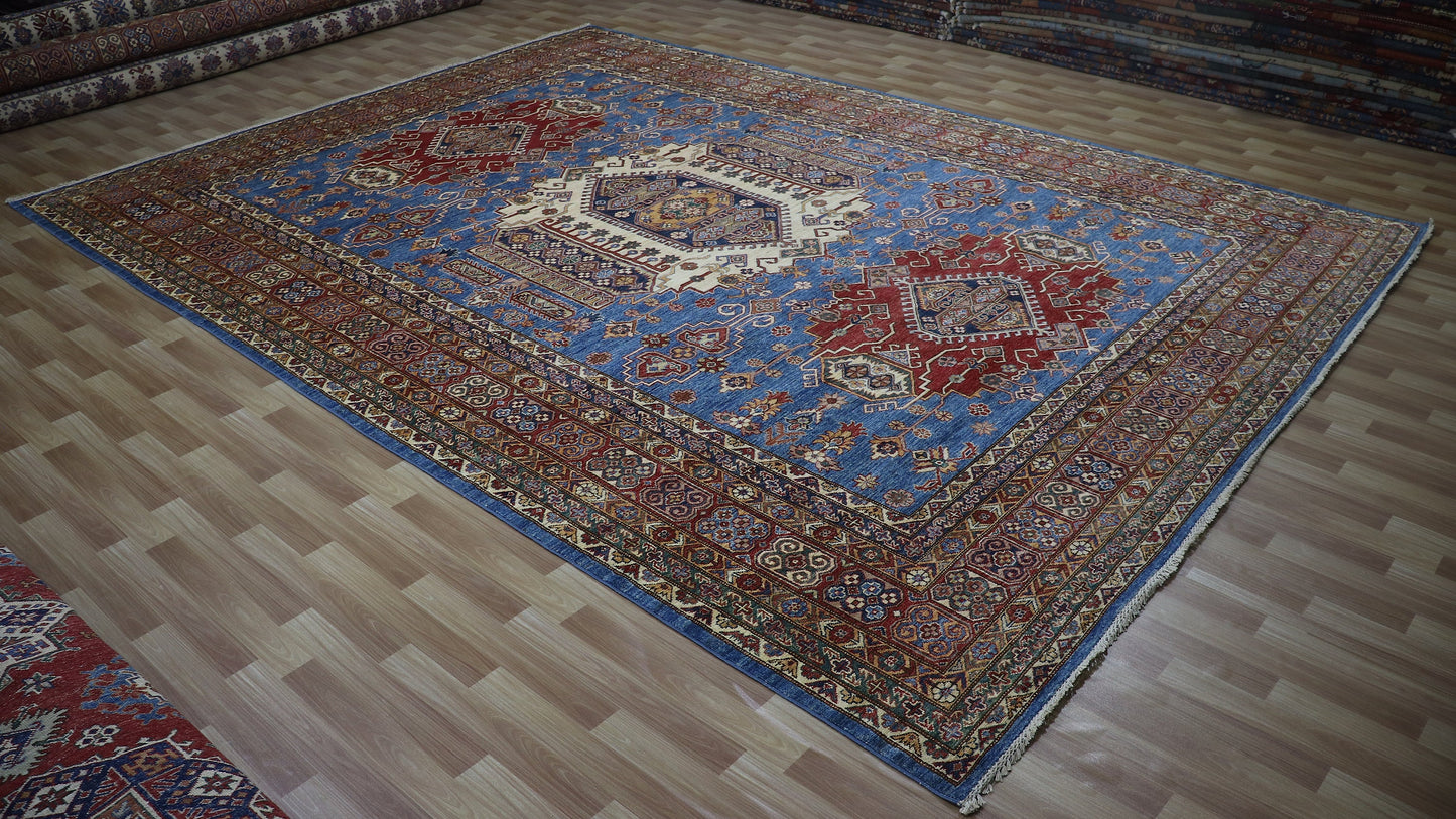 10x14 Ft Blue Kazak Oriental Large Area Rug, Afghan Hand Knotted Wool Rectangle Carpet, Rugs For Living Room, Bedroom Rug, Dining Table Rug