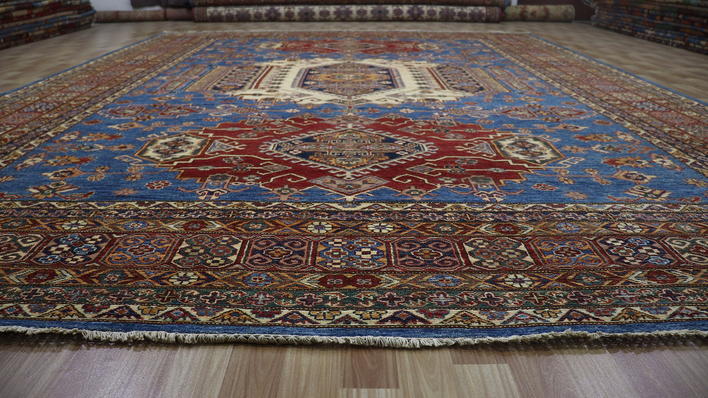 10x14 Ft Blue Kazak Oriental Large Area Rug, Afghan Hand Knotted Wool Rectangle Carpet, Rugs For Living Room, Bedroom Rug, Dining Table Rug