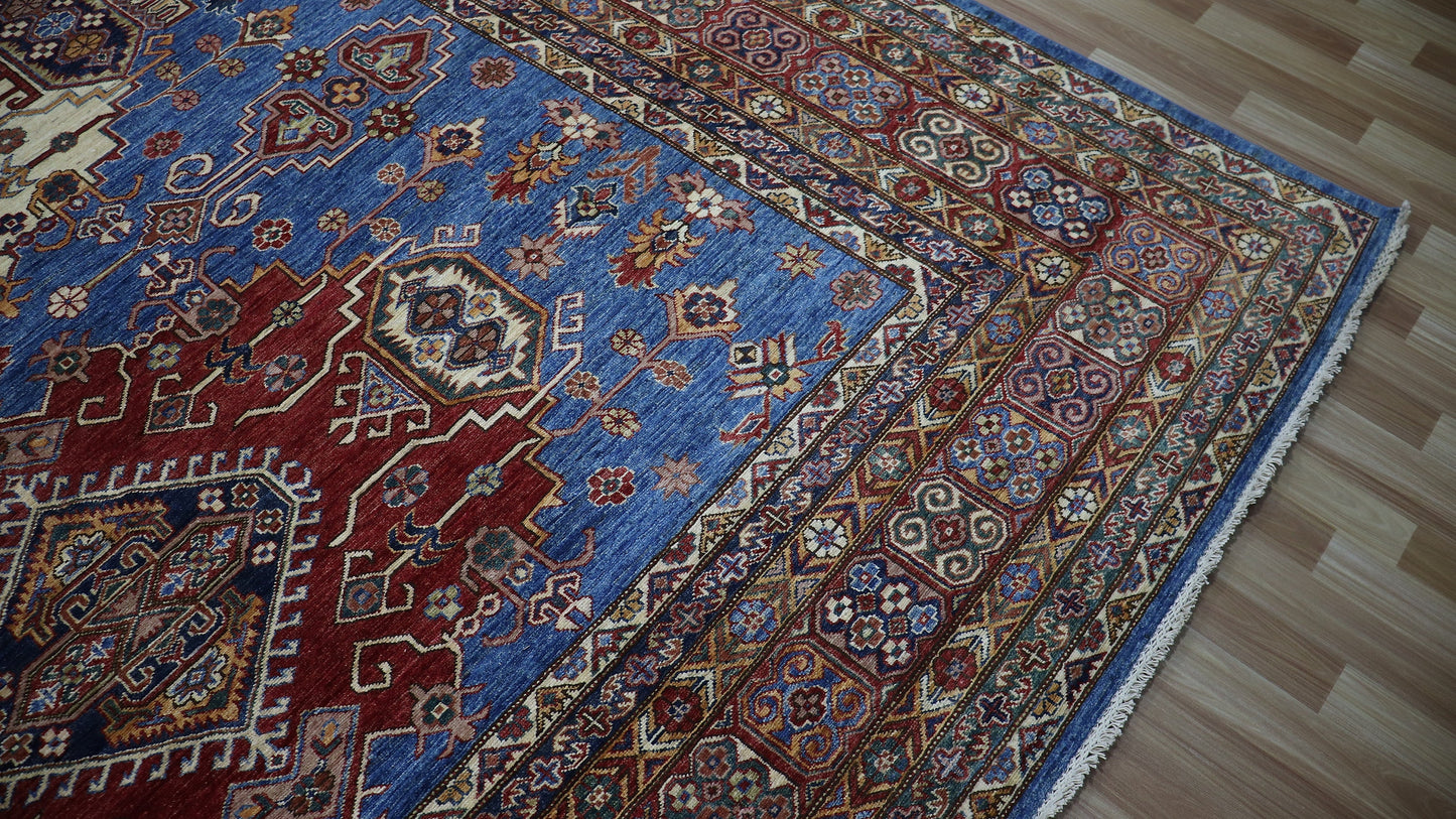 10x14 Ft Blue Kazak Oriental Large Area Rug, Afghan Hand Knotted Wool Rectangle Carpet, Rugs For Living Room, Bedroom Rug, Dining Table Rug