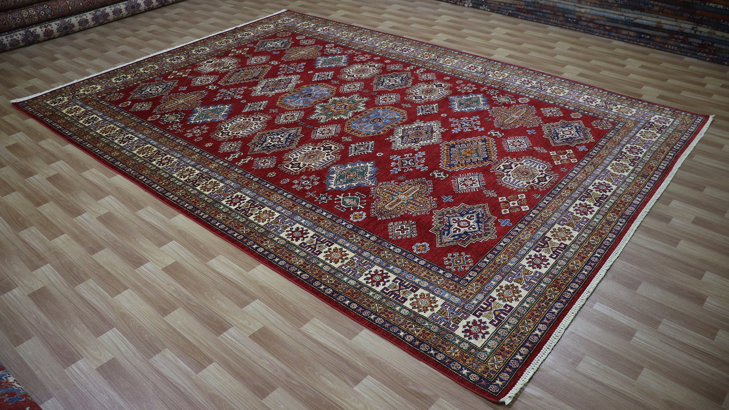 9x13 Ft Kazak Large Area Rug, Red Afghan Hand Knotted Wool Oriental Rectangle Carpet, Rugs For Living Room, Bedroom Rug, Dining Table Rug