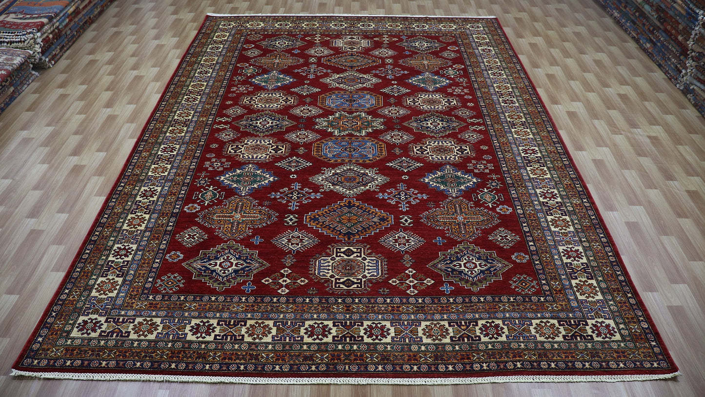 9x13 Ft Kazak Large Area Rug, Red Afghan Hand Knotted Wool Oriental Rectangle Carpet, Rugs For Living Room, Bedroom Rug, Dining Table Rug