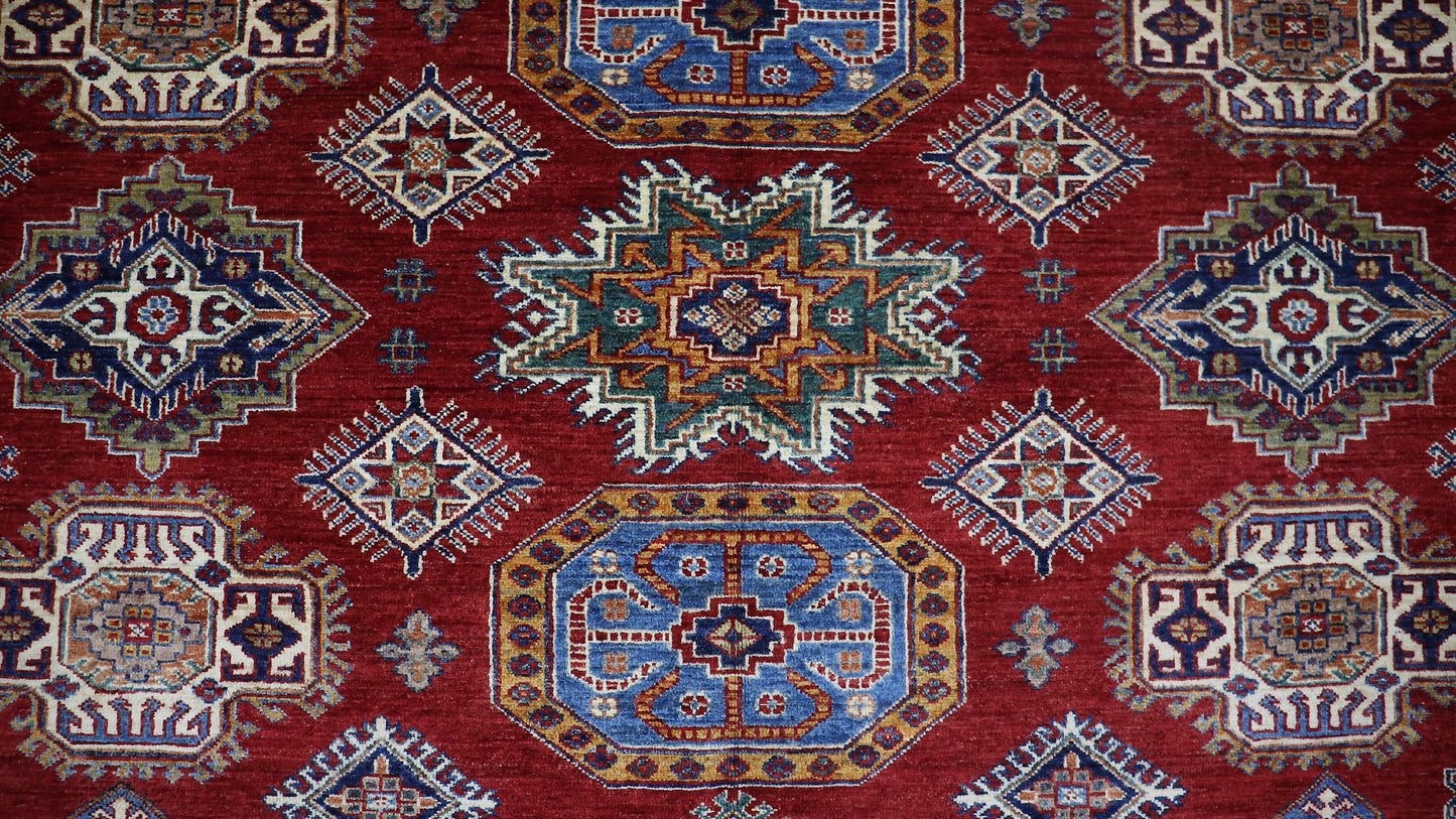 9x13 Ft Kazak Large Area Rug, Red Afghan Hand Knotted Wool Oriental Rectangle Carpet, Rugs For Living Room, Bedroom Rug, Dining Table Rug