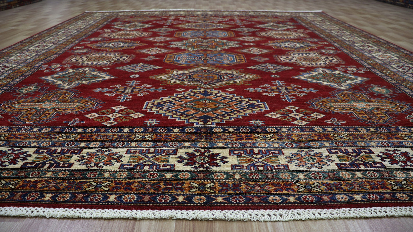 8x10 Ft Oriental Kazak Area Rug, Red Afghan Hand Knotted Wool Traditional Rectangle Carpet, Living Room Rug, Bedroom Rug, Dining Table Rug