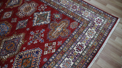 8x10 Ft Oriental Kazak Area Rug, Red Afghan Hand Knotted Wool Traditional Rectangle Carpet, Living Room Rug, Bedroom Rug, Dining Table Rug