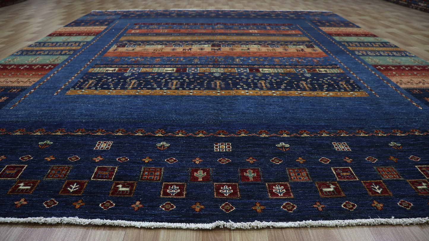 8x10 Ft Gabbeh Tribal Area Rug, Blue Afghan Hand Knotted Wool Traditional Rectangle Carpet, Living Room Rug, Bedroom Rug, Dining Table Rug