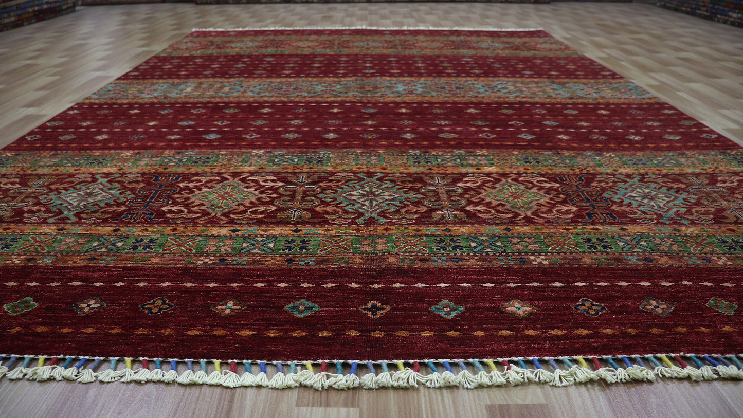 7x10 Ft Red Khorjin Area Rug, Afghan Hand Knotted Wool Traditional Rectangle Area Carpet, Rug For Living Room, Bedroom Rug, Dining Table Rug