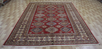 7x10 Ft Oriental Kazak Area Rug, Red Afghan Hand Knotted Wool Traditional Rectangle Carpet, Living Room Rug, Bedroom Rug, Dining Table Rug