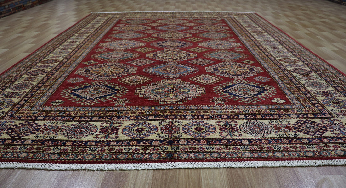 7x10 Ft Oriental Kazak Area Rug, Red Afghan Hand Knotted Wool Traditional Rectangle Carpet, Living Room Rug, Bedroom Rug, Dining Table Rug