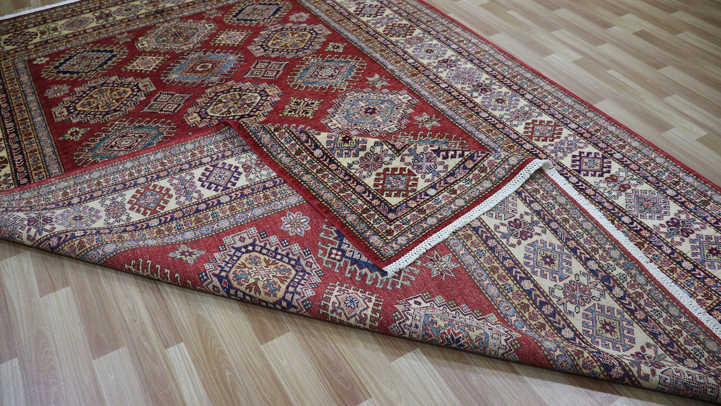 7x10 Ft Oriental Kazak Area Rug, Red Afghan Hand Knotted Wool Traditional Rectangle Carpet, Living Room Rug, Bedroom Rug, Dining Table Rug