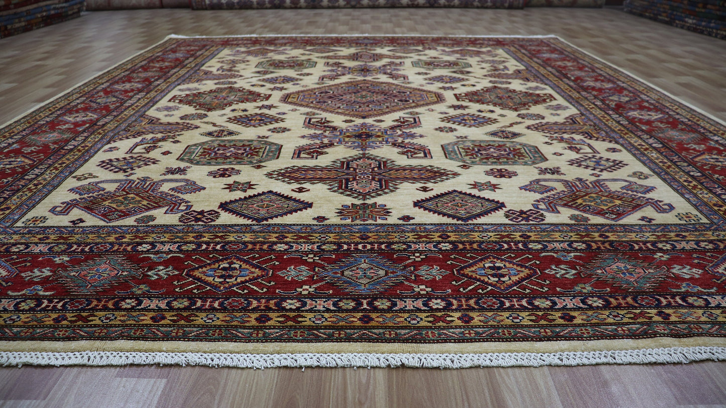 8x10 Ft Beige Kazak Oriental Area Rug, Afghan Hand Knotted Wool Traditional Rectangle Carpet, Living Room Rug, Bedroom Rug, Dining Table Rug