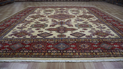 8x10 Ft Beige Kazak Oriental Area Rug, Afghan Hand Knotted Wool Traditional Rectangle Carpet, Living Room Rug, Bedroom Rug, Dining Table Rug