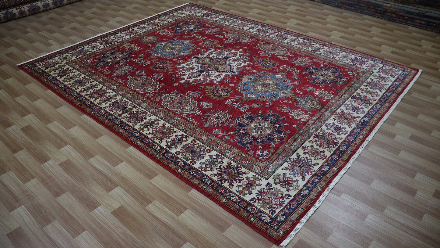 8x10 Ft Red Kazak Area Rug, Afghan Hand Knotted Wool Rectangle Carpet, Rugs For Living Room, Bedroom Rug, Dining Table Rug, Oriental Rug